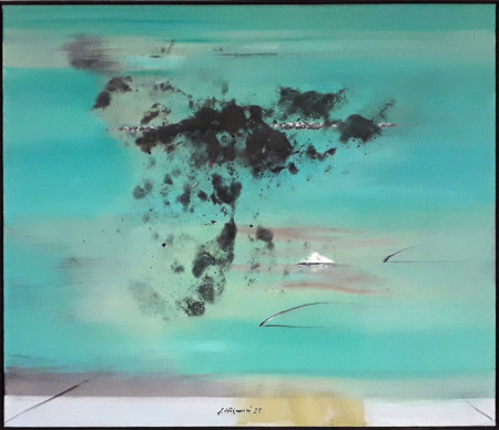 Modrá hladina - olej, kombin. technika - 60 x 70 cm - 2025 - 35000,-Kč 